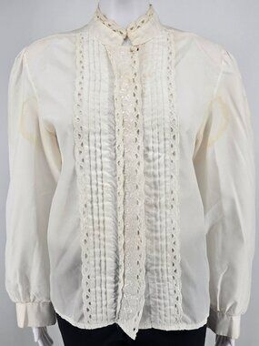 Distressed Vintage 1980s Lauren Lee Ivory Lace Victorian/Prairie Blouse (L)